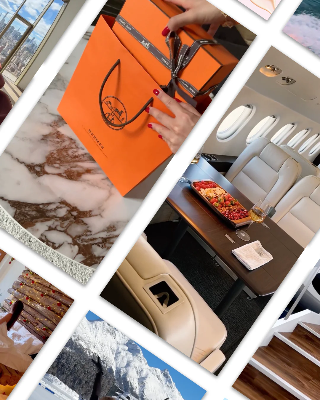 Collage of luxury lifestyle reels — private jets, penthouses, Hermès, alpine views